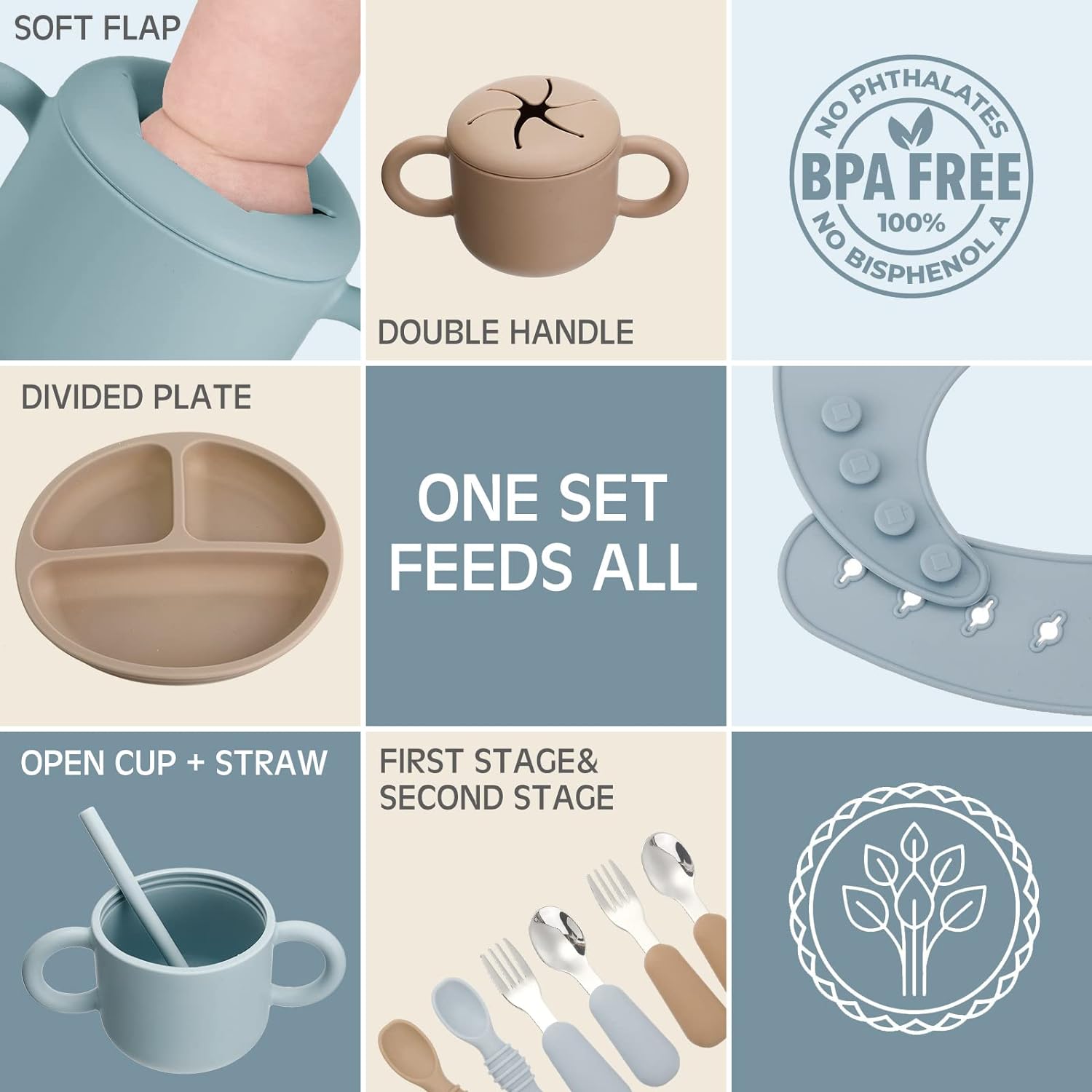 16 Pcs Silicone Baby Feeding Set Baby Led Weaning Supplies Baby Eating Supplies Utensils with Divided Silicone Suction Plates Adjustable Bib Bowl Cutlery Snack Cup Spoons Straw Green Beige 6 Months+ - Image 6
